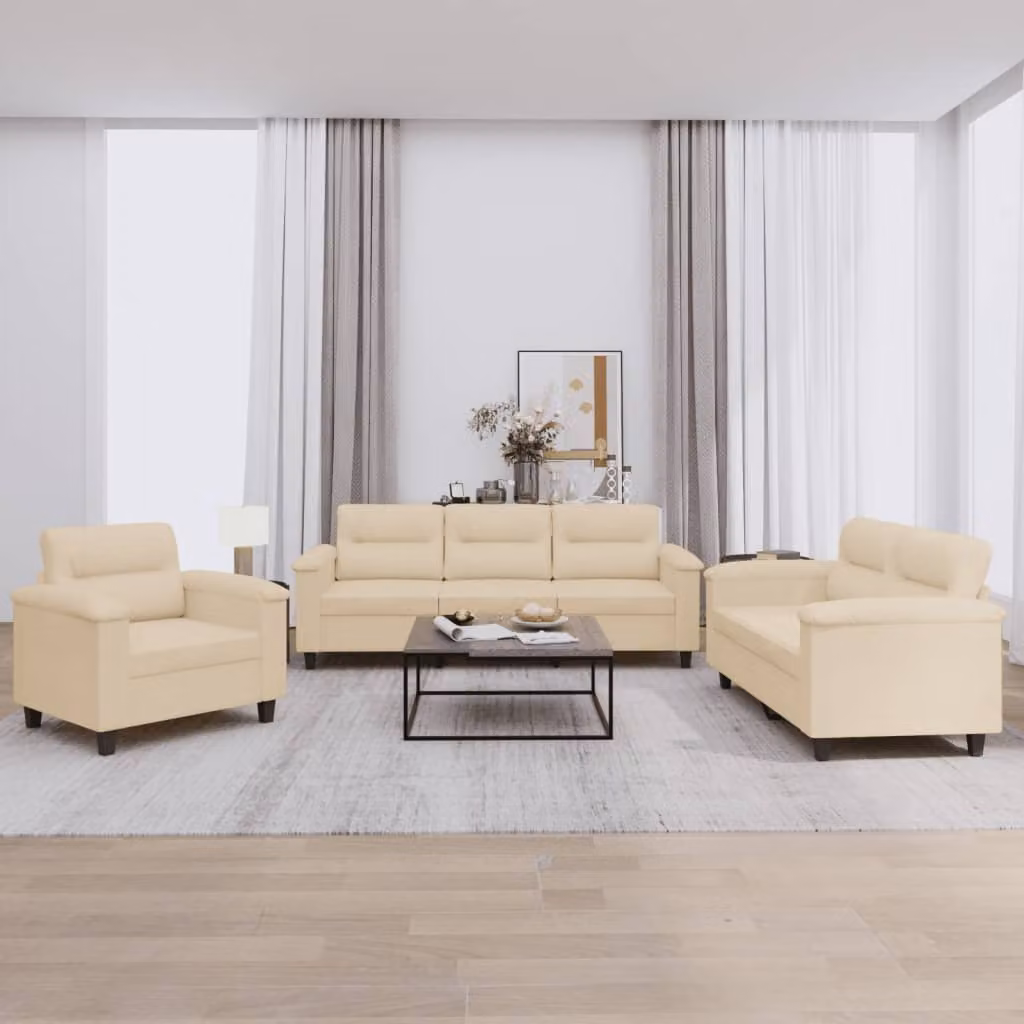 Set di Divani 3 Pezzi vidaXL in Microfibra Beige con Cuscini e Braccioli – 1