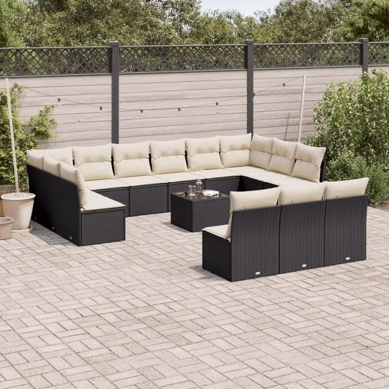Set di Divani da Giardino vidaXL 14 Pezzi in Polyrattan Nero con Cuscini e Tavolino da Esterno a Forma di U