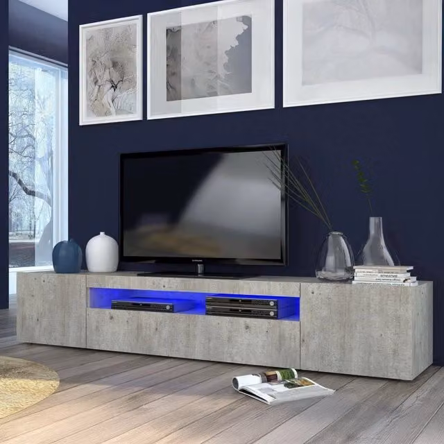 Mobile da soggiorno DMORA Porta Amore con 3 ante, ripiani e luce LED blu, colore cemento, L: 200 cm, P: 40 cm, H: 37 cm