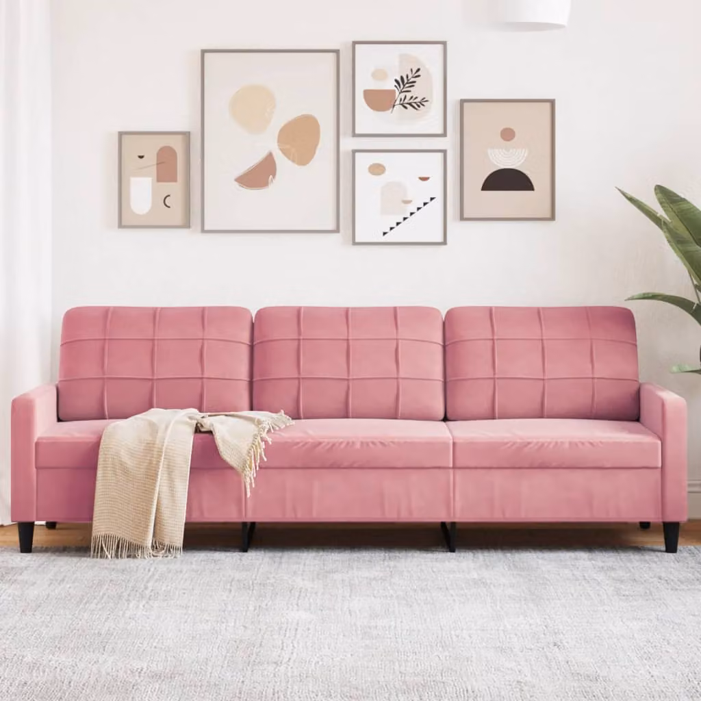 Divano a 3 posti moderno vidaXL in velluto rosa con struttura in metallo e legno L: 226 cm, P: 80 cm, H: 77 cm