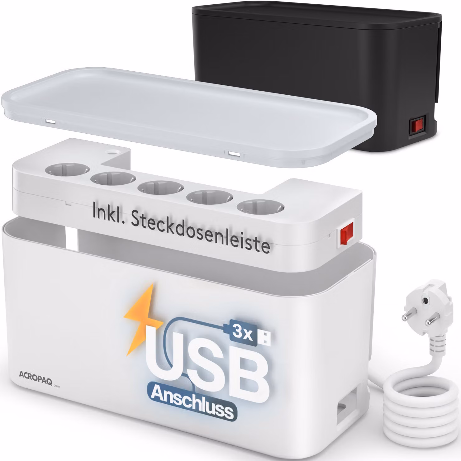 Scatola per cavi con presa multipla con USB - Presa di corrente a 5 vie, USB-A, 33 x 14 x 14 cm, 2500 Watt - Organizzatore di cavi, scatola per la gestione dei cavi, scatola per cavi bianca - ACROPAQ