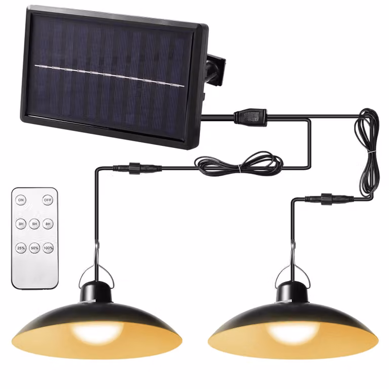 Lampada solare da esterno, lampada a sospensione solare con telecomando, lampada a sospensione LED da esterno per giardino con 2 luci, colore della luce: bianco caldo