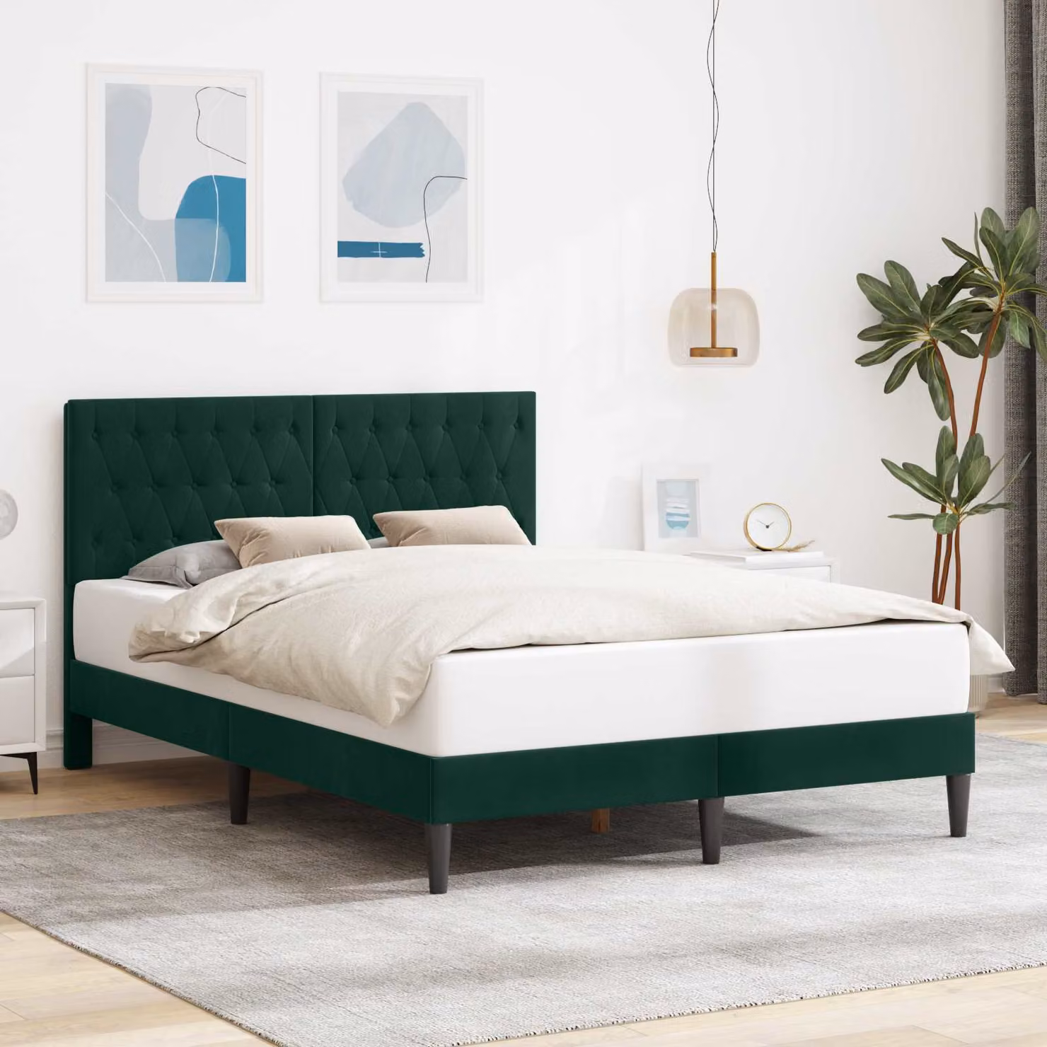 Struttura del letto moderna vidaXL in velluto verde con legno L: 140 cm, P: 200 cm