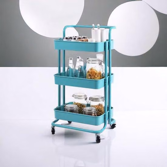 Carrello a tre ruote con telaio in acciaio, cassetto girevole con 3 ripiani, carrello da trasporto versatile