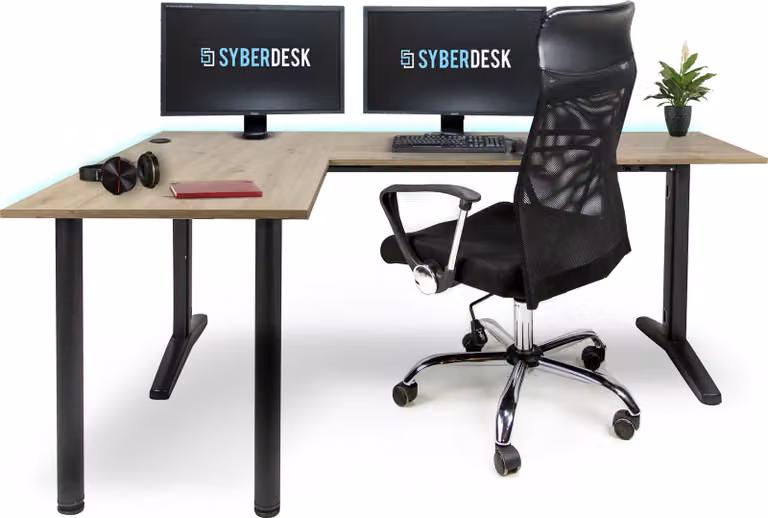 Tavolo da gioco angolare SyberDesk V2 LED, 197 x 132 cm, tavolo da gioco a L RGB, HUB USB, gestione dei cavi, (a sinistra, rovere artigianale)