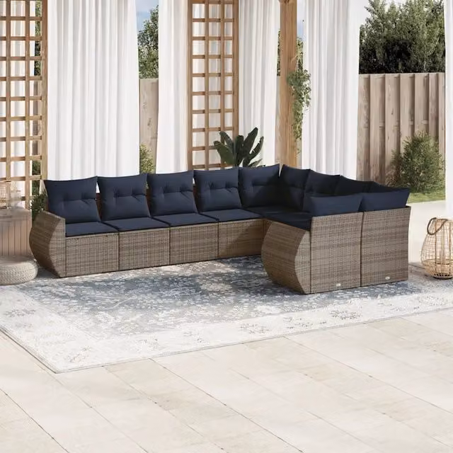 Set di divani da giardino vidaXL in rattan e metallo con cuscini grigi e blu, composto da 9 pezzi per esterno