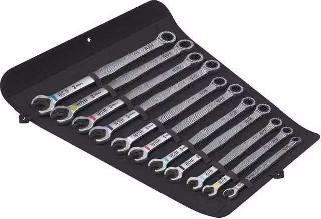 Set di chiavi a cricchetto e a rullino Wera Joker 6007 composto da 11 pezzi in acciaio al cromo-molibdeno con borsa arrotolabile, colore nero e multicolore