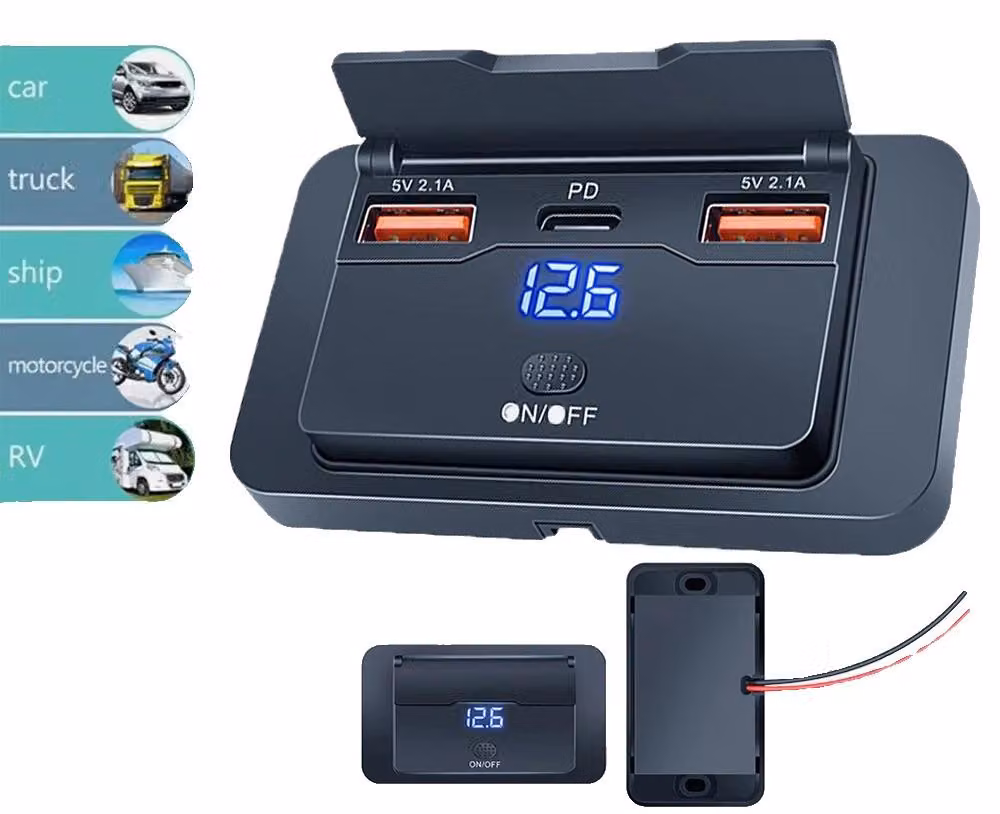 Prese USB, 4 porte, design impermeabile, 2 porte USB con tecnologia PD (Power Delivery) e 3 porte USB standard