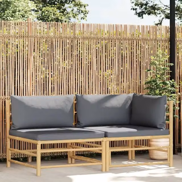 Set di Divani da Giardino a L in Bambu con Cuscini Grigio Scuro e Tessuto Resistente alle Intemperie – 1