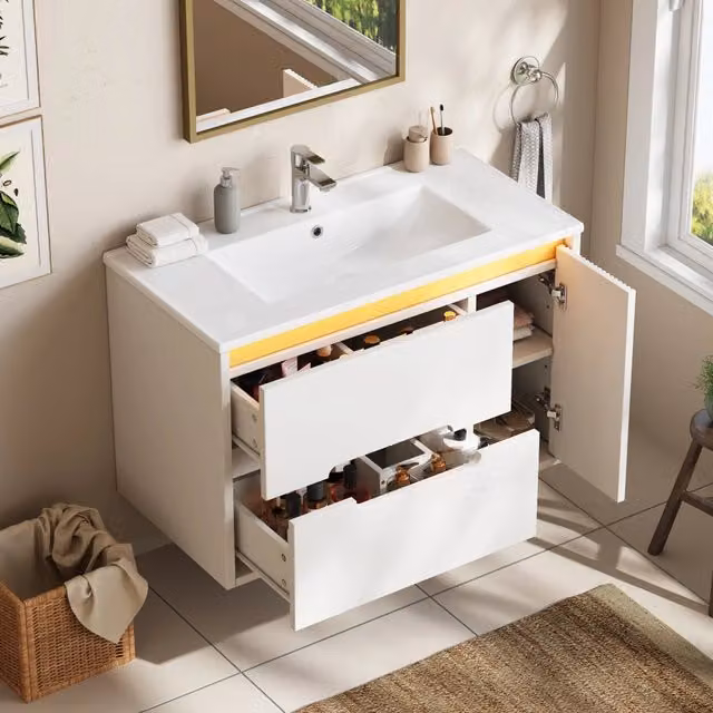 Mobile bagno sospeso 81 cm con 2 cassetti; anta a onde; lavabo in ceramica e LED; struttura in MDF bianco