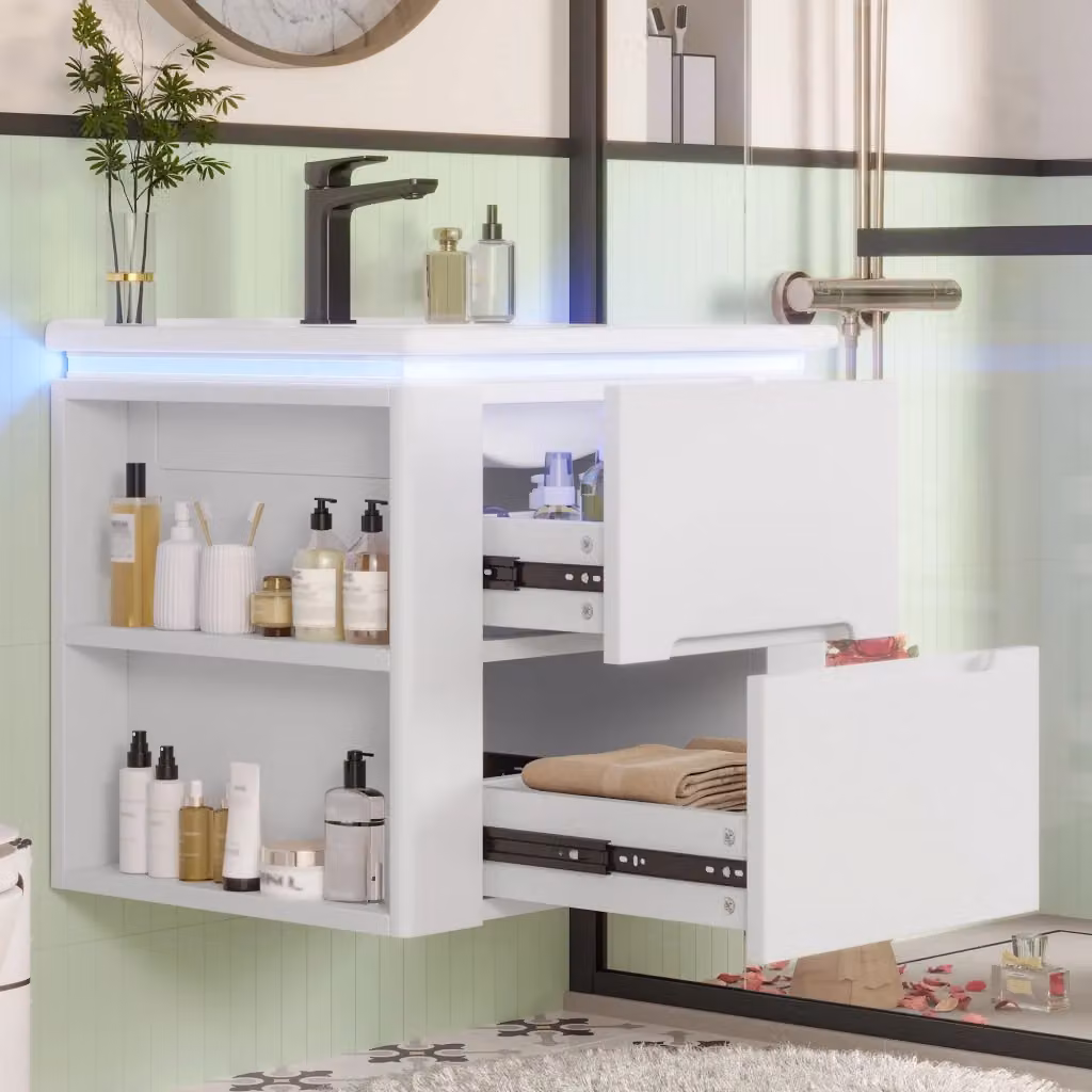 Mobile da bagno sospeso Minimal con lavabo in ceramica e illuminazione LED integrata, Bianco, L: 61 cm, P: 46 cm, H: 48.5 cm – 2