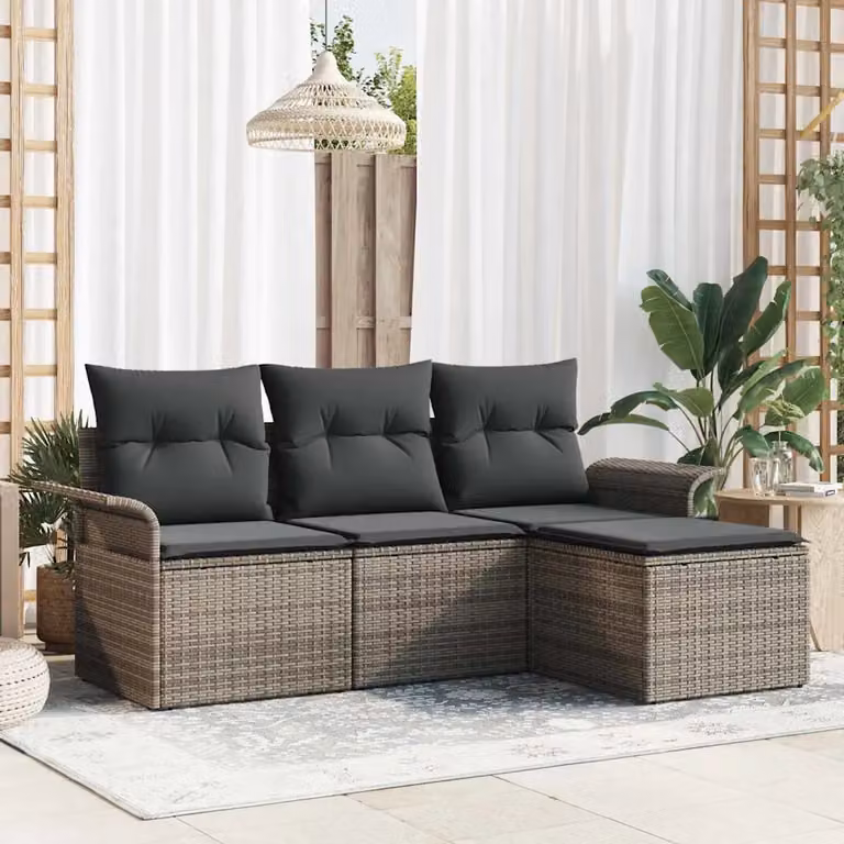Set Divano da Giardino a L vidaXL in Polyrattan Grigio con Cuscini e Ottoman 4 Pezzi