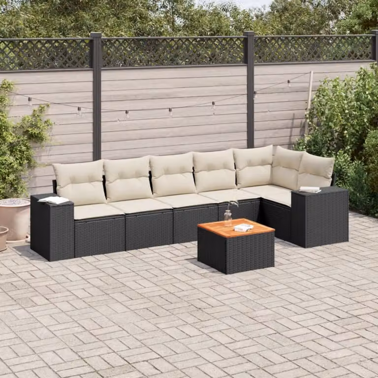 Set Divani da Giardino vidaXL a Forma di L in Polyrattan Nero con 7 Cuscini e Tavolino da Esterno