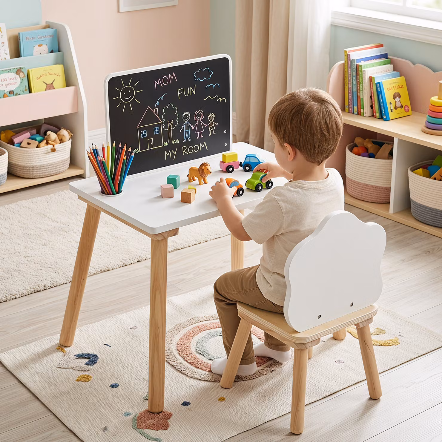 Set di tavolo e sedie Costway per bambini dai 3 ai 6 anni con lavagna reversibile e gambe in legno massello, colore bianco