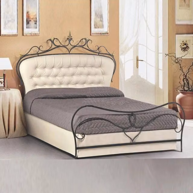 Letto matrimoniale IPERBRIKO in ferro battuto color antracite con testata imbottita L: 172 cm, P: 202 cm, H: 140 cm