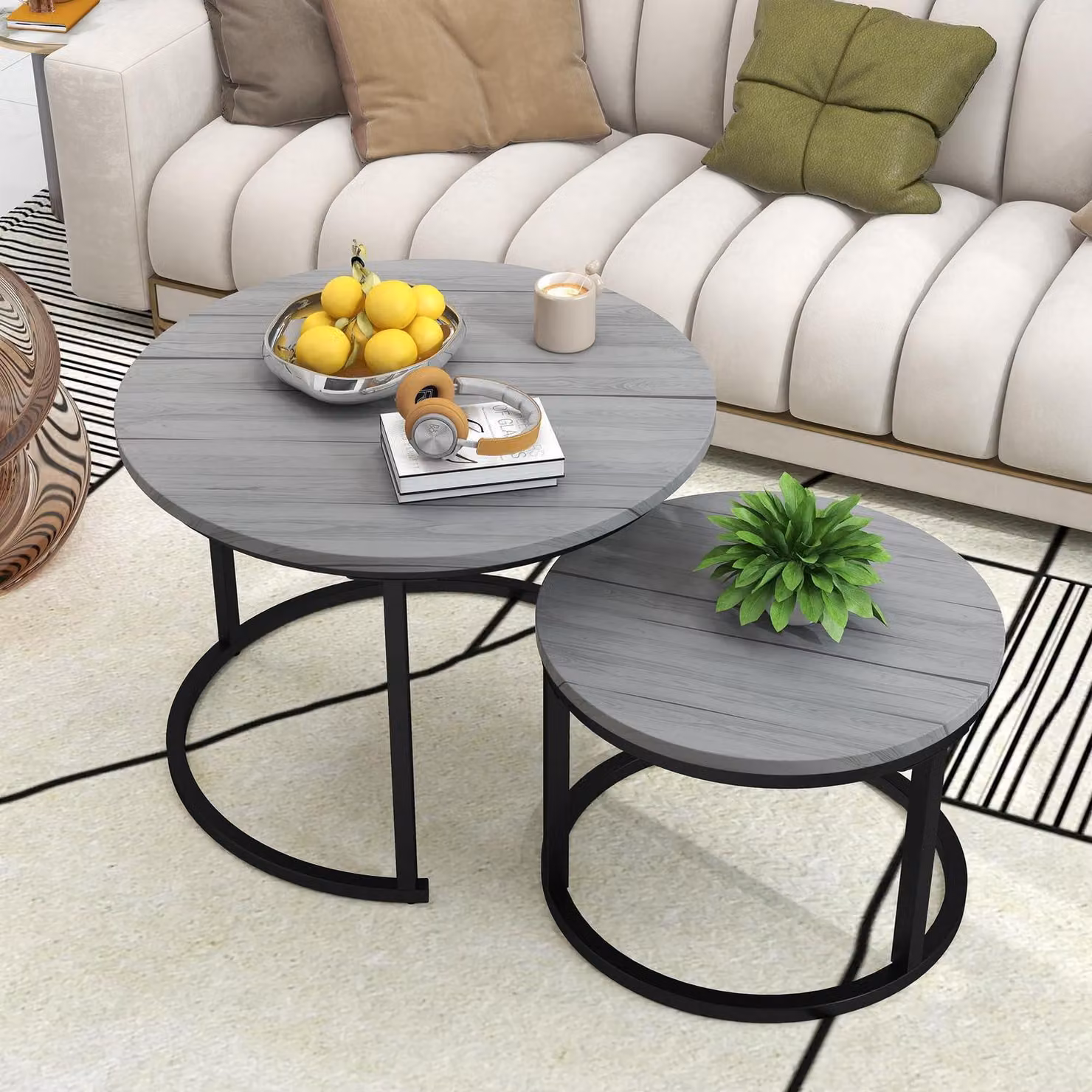 Set da 2 tavolini rotondi, tavolini ausiliari, colore grigio, diametro 60/40 cm