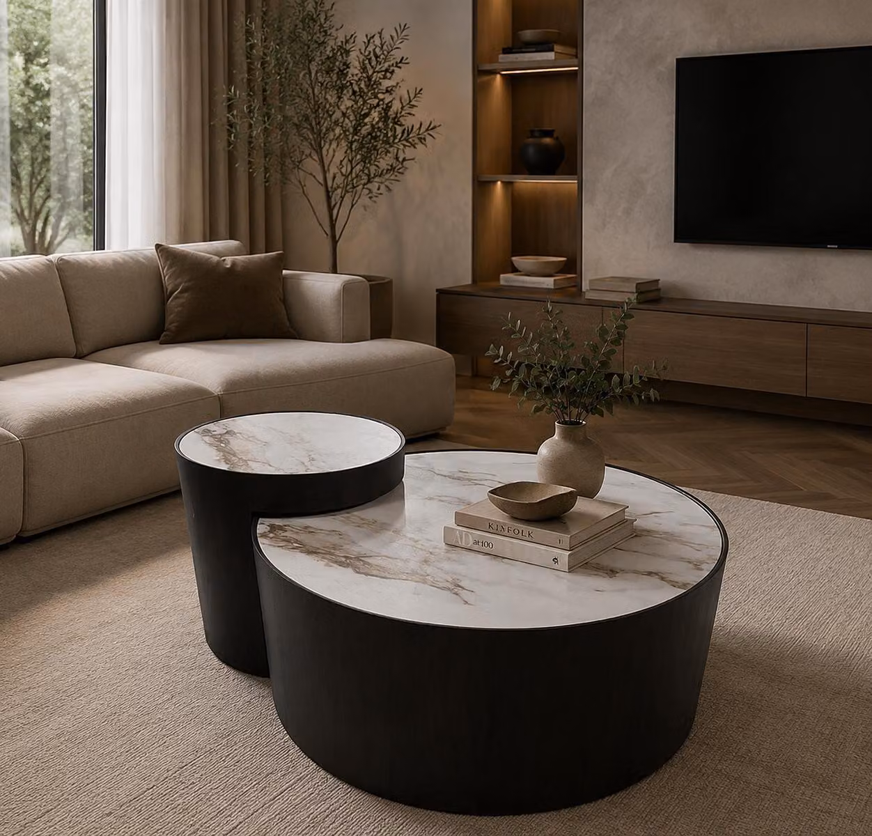 Set di tavolini da caffè design, 2 pezzi, neri, rotondi, tavolino moderno