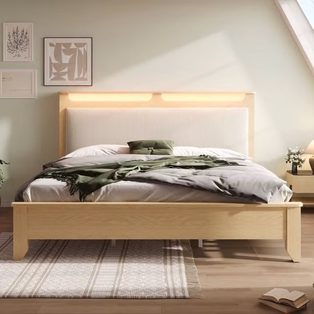 letto in legno e corduroy beige 160 x 200 cm
