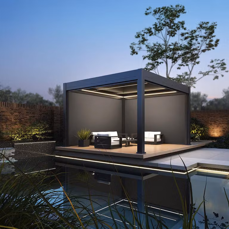 Pergola Weide Prestige in alluminio 3,6x4 m con tetto a lamelle, LED e 4 tende da sole color antracite