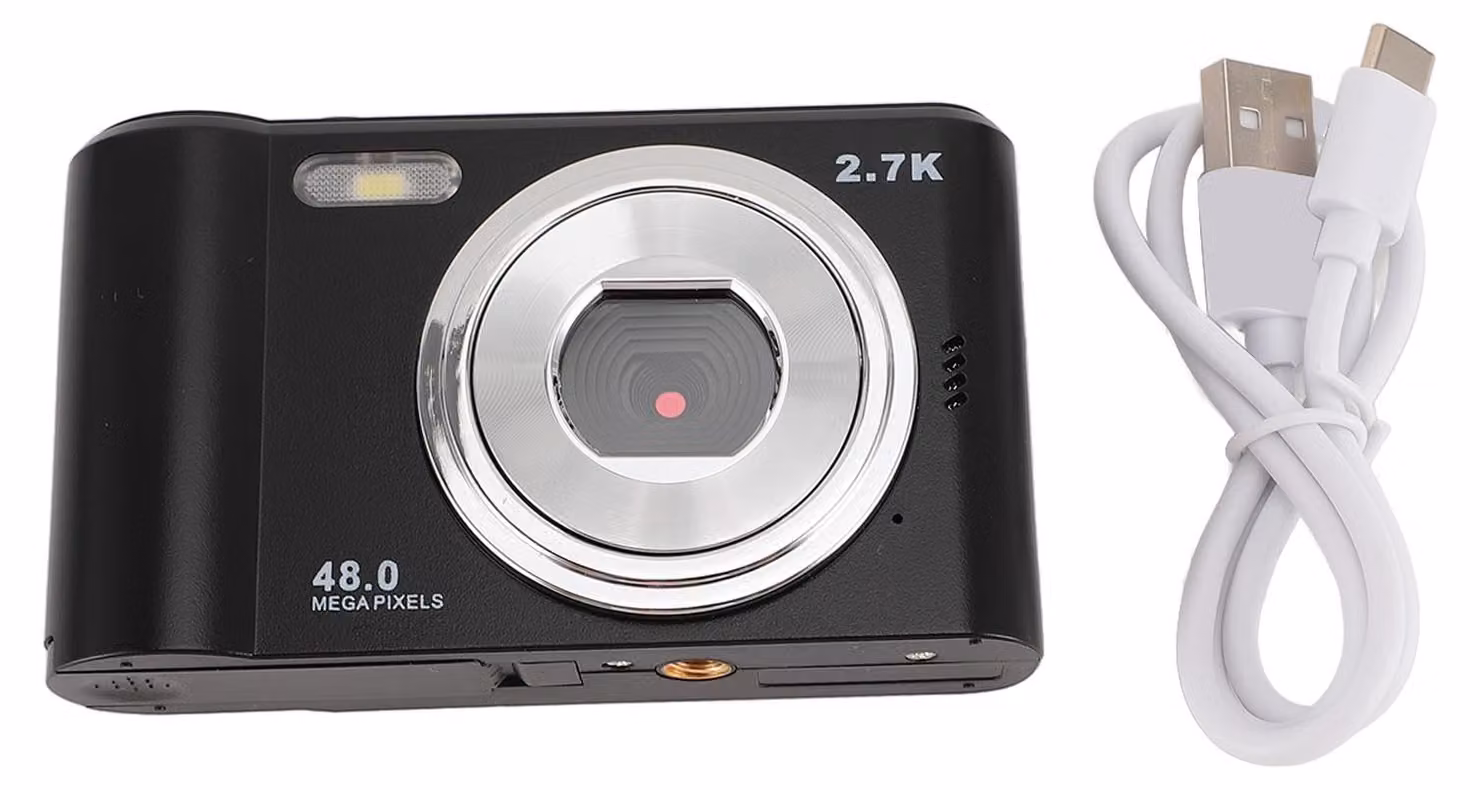 Fotocamera digitale compatta 1080p, display TFT da 2,4 pollici, ricaricabile, zoom ottico, custodia, 48 MP, ideale per il vlogging e la fotografia, nera
