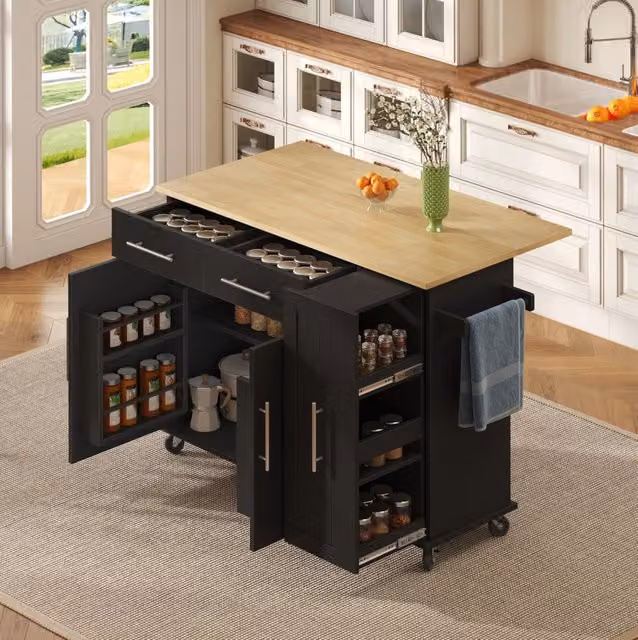Isola cucina mobile con ripiani estraibili a 3 livelli, piano ribaltabile e portarotolo, nero, 120x65x90 cm