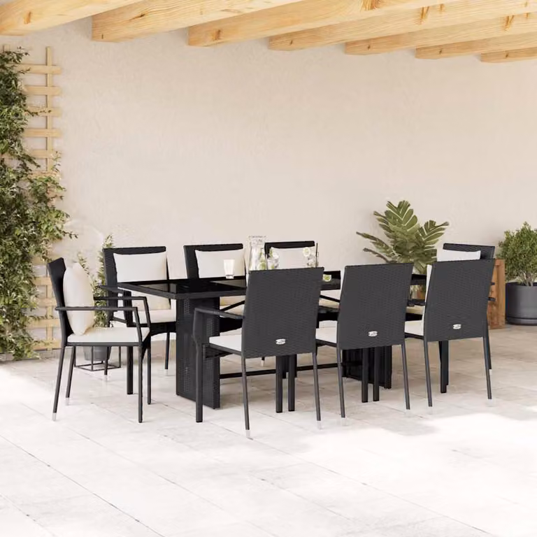 Set da Pranzo da Giardino 9 pz vidaXL in Polyrattan Nero con Cuscini e Tavolo in Vetro