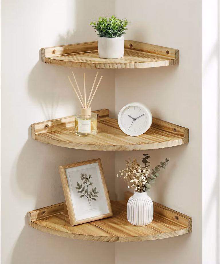 Set di mensole a ripiano in legno massello, 3 pezzi, stile vintage, larghezza 21-25 cm