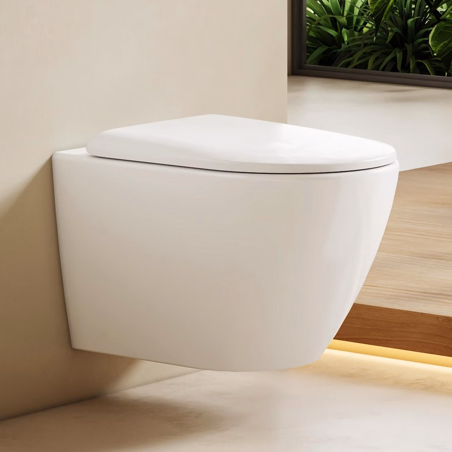 EMKE WC sospeso in ceramica senza bordo WC sospeso a risparmio idrico con risciacquo diretto Doppio foro di risciacquo Coperchio con chiusura morbida Bianco lucido