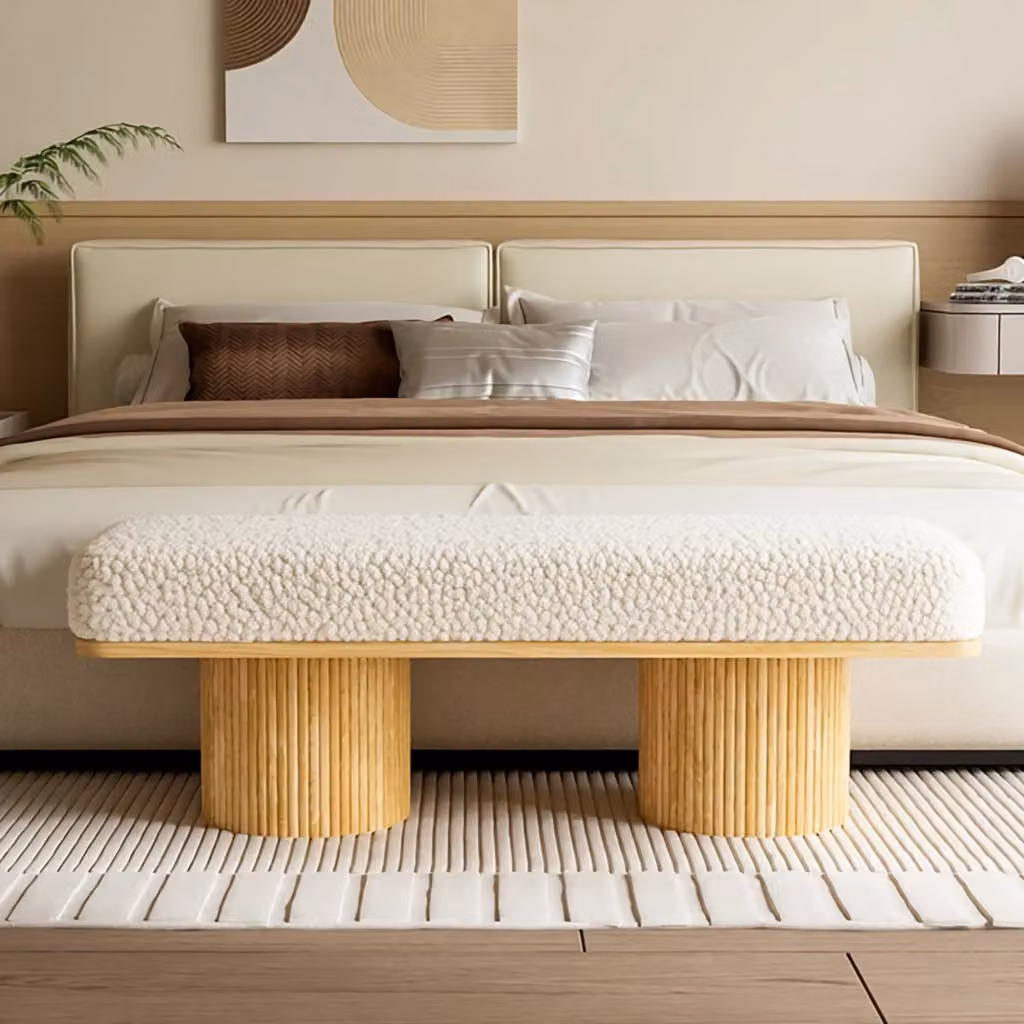 Panca Moderna Minimal con Base in Legno Massello e Rivestimento in Tessuto per Ingresso, Camera da Letto o Soggiorno, L: 150 cm – 2