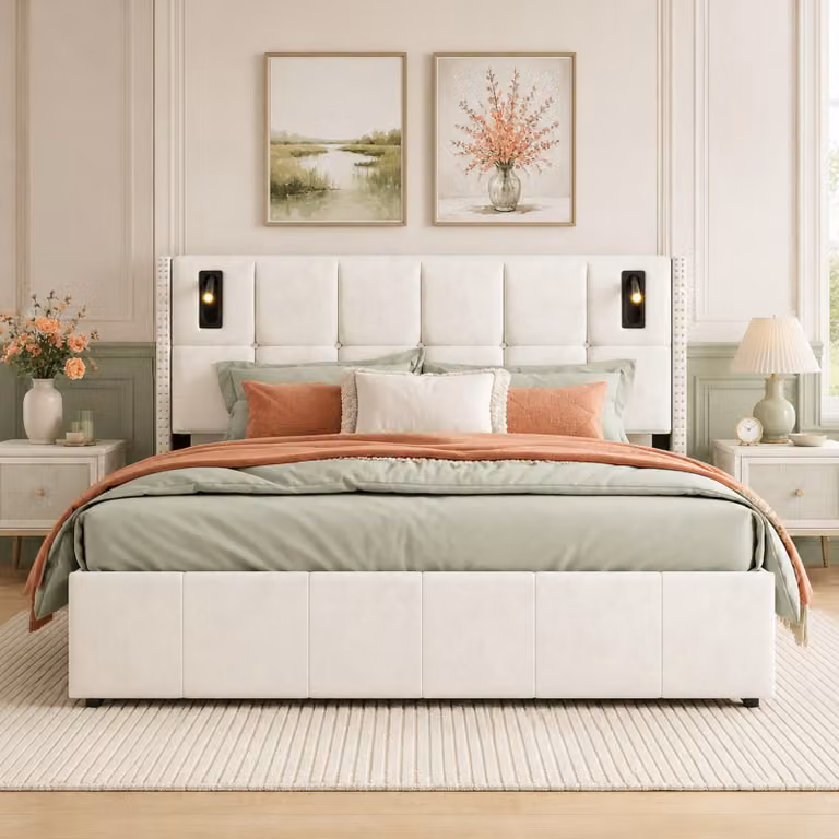 Letto imbottito INONEFT 140x200 cm con LED e porta USB di tipo C, letto con box e contenitore, letto matrimoniale per giovani con spazio contenitivo, rivestito in velluto color beige