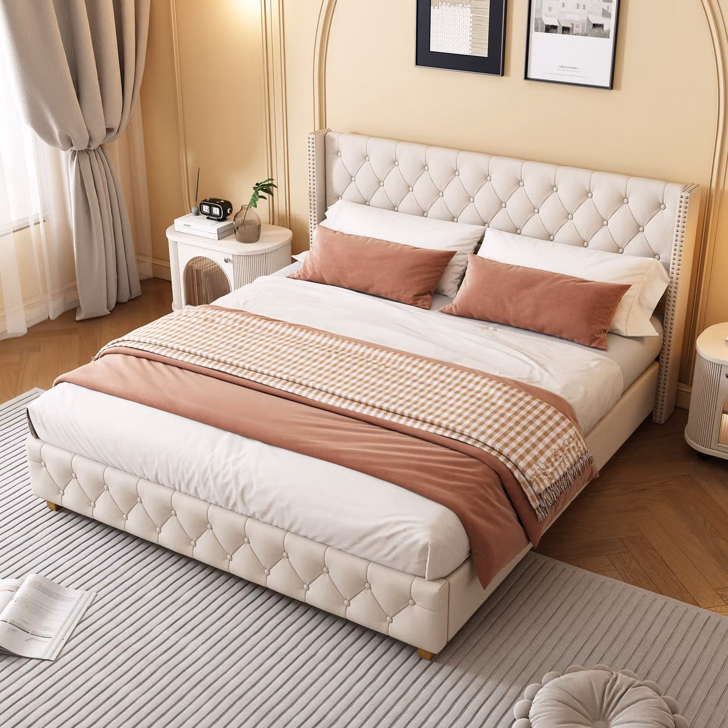 letto imbottito okwish 180×200 struttura letto matrimoniale con rete a doghe e testiera, letto per ragazzi con imbottitura a bottoni e rivetti, lino, beige (con materasso)