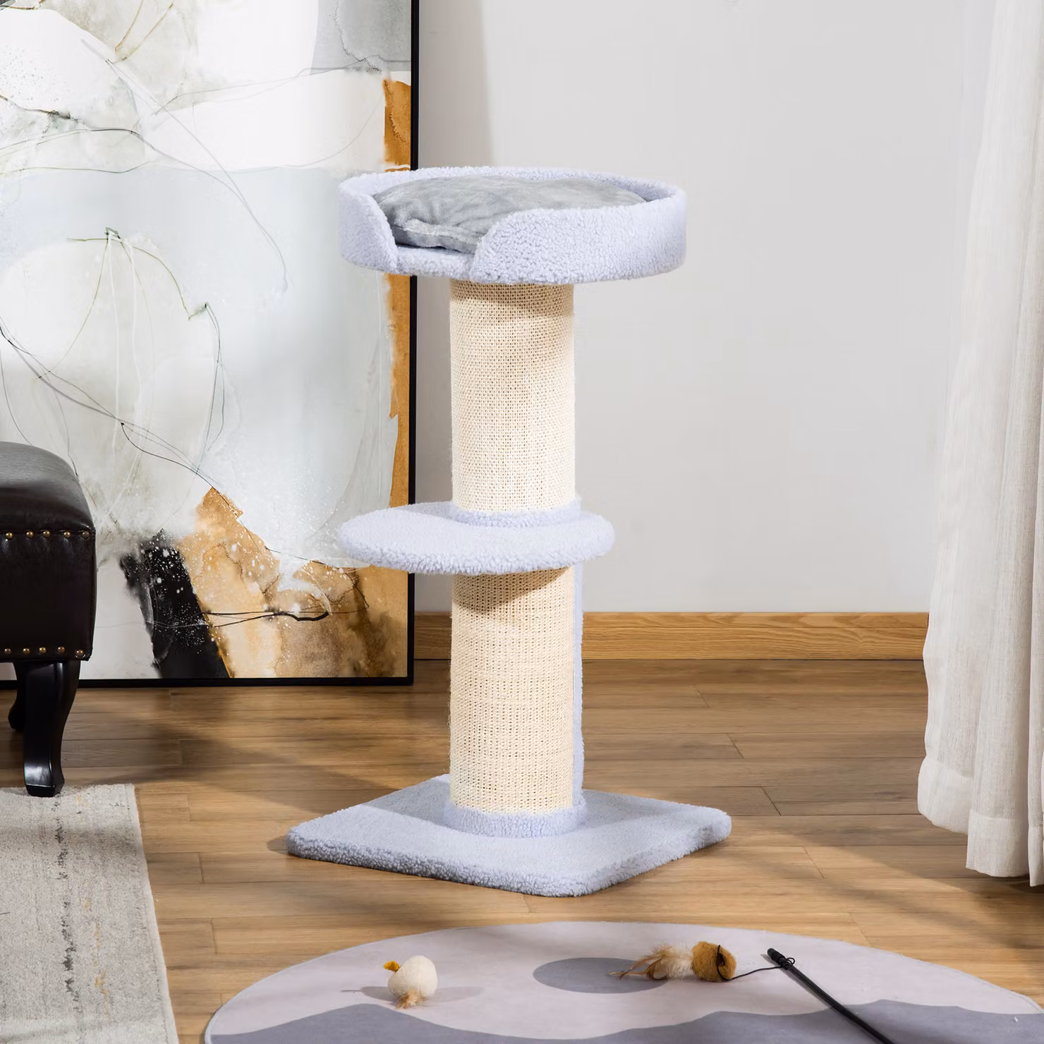 Tiragraffi per gatti PawHut con lettino a amaca, rivestimento in peluche e palo in sisal sostituibile, Azzurro, L 45 x P 45 x H 91 cm – 2