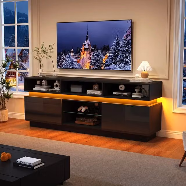 Mobile TV grande 160x35x60 cm - Zephmum - Piano in vetro temperato, lucido, LED, per TV 60 pollici, Nero