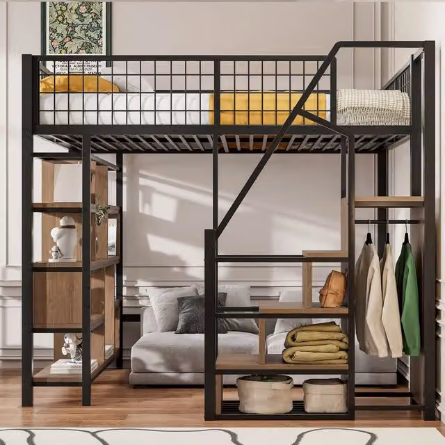 Letto a soppalco 140x200 cm in metallo e legno; con scala contenitore; nero; salvaspazio