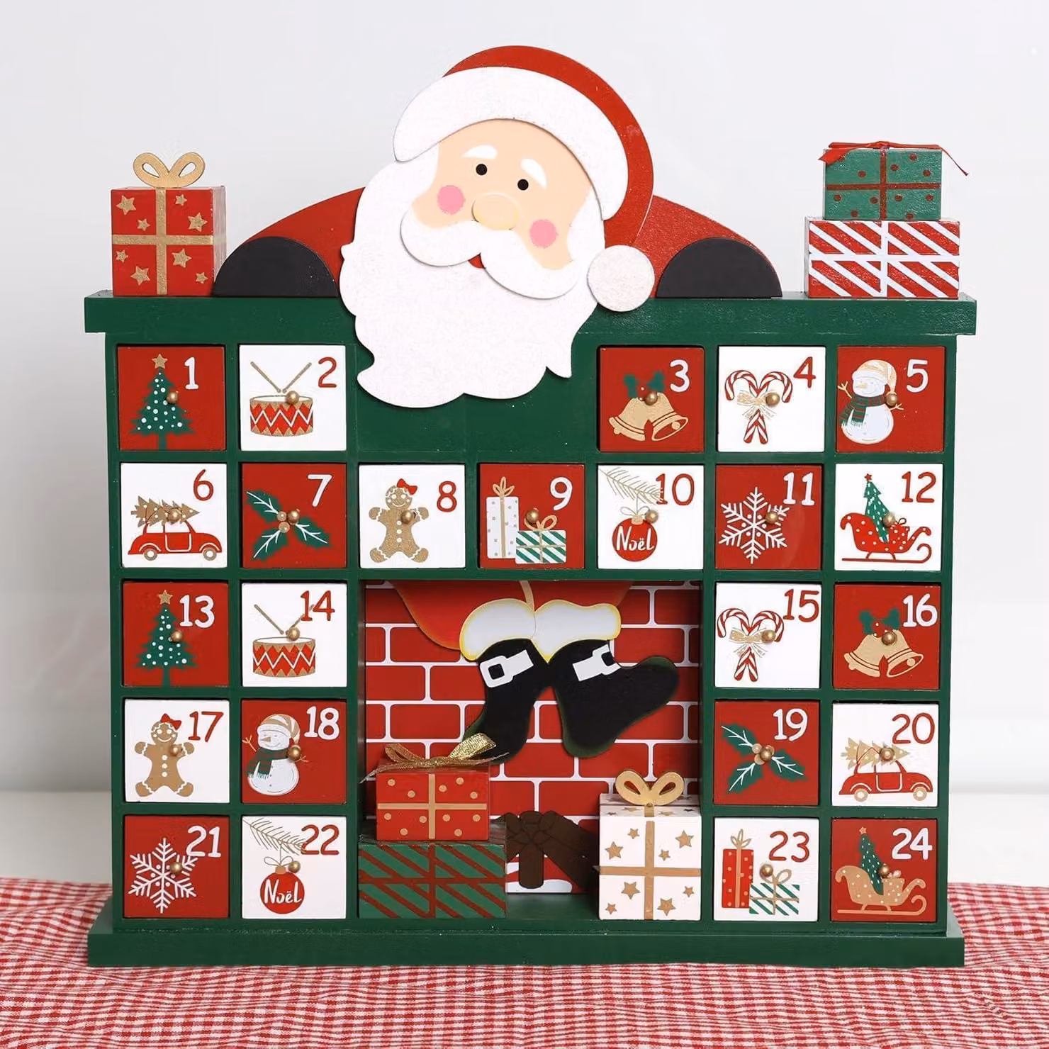Calendario dell'Avvento in legno, da riempire, con 24 cassetti, decorato a mano con il tema di Babbo Natale