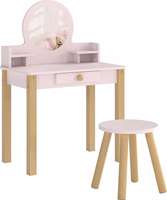 Set Toeletta Trucco per Bambina AIYAPLAY con Sgabello e Specchio in Legno di Pino e MDF, Colore Rosa