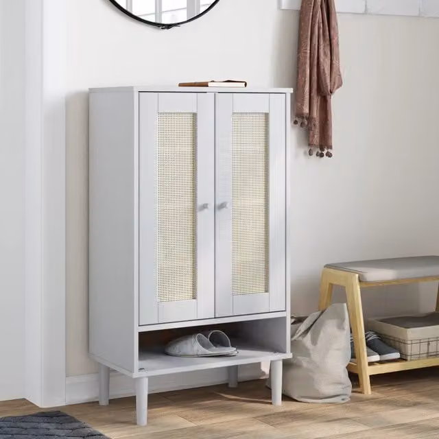 Scarpiera vidaXL in stile Boho con ante in rattan e legno di pino, colore bianco, L: 59,5 cm, P: 35 cm, H: 107 cm – 1