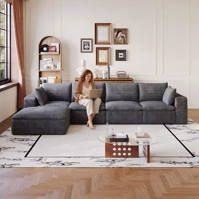 Divano 3 Posti in Velluto a Coste ¨C MINIMAL ¨C Grigio Scuro, 340cm, Imbottito, Cuscini