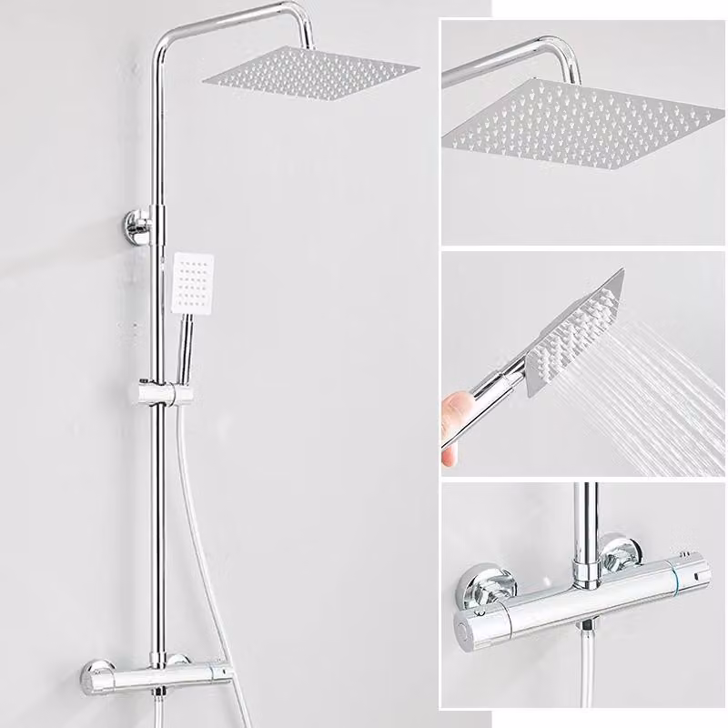 Set di miscelatori termostatici per doccia - Doccia a pioggia da parete con barra scorrevole e bocchetta per vasca - Soffione piatto ultra-sottile da 20 cm - Miscelatore a due manopole - Cromato - Modello C