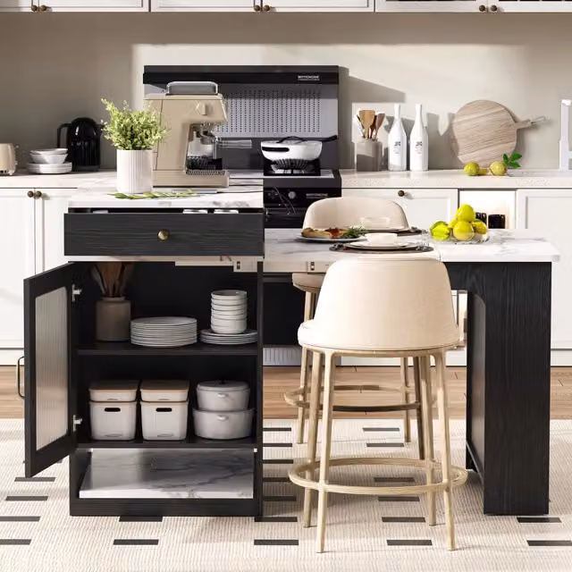 Tavolo allungabile per 4 persone con presa integrata 1 cassetto ripiani regolabili ante in vetro MDF bianco e nero