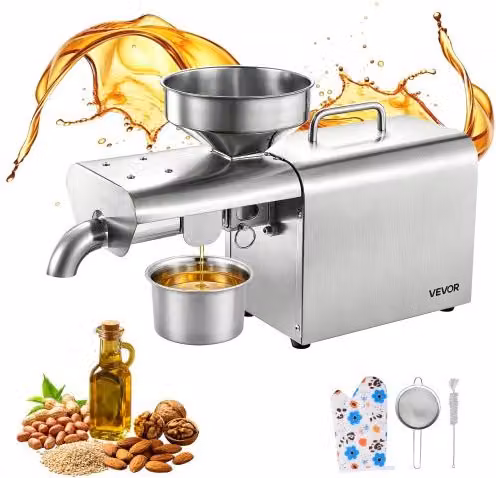 VEVOR Macchina Pressa Elettrica per Spremitura Olio 750 W con Pressatura a Caldo 50-300 °C in Acciaio Inox Argento