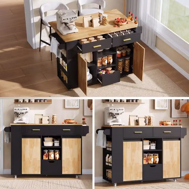 Isola da cucina mobile con piano ribaltabile; 3 cassetti e portaspezie a 3 livelli; nero; 120x45(71)x90 cm