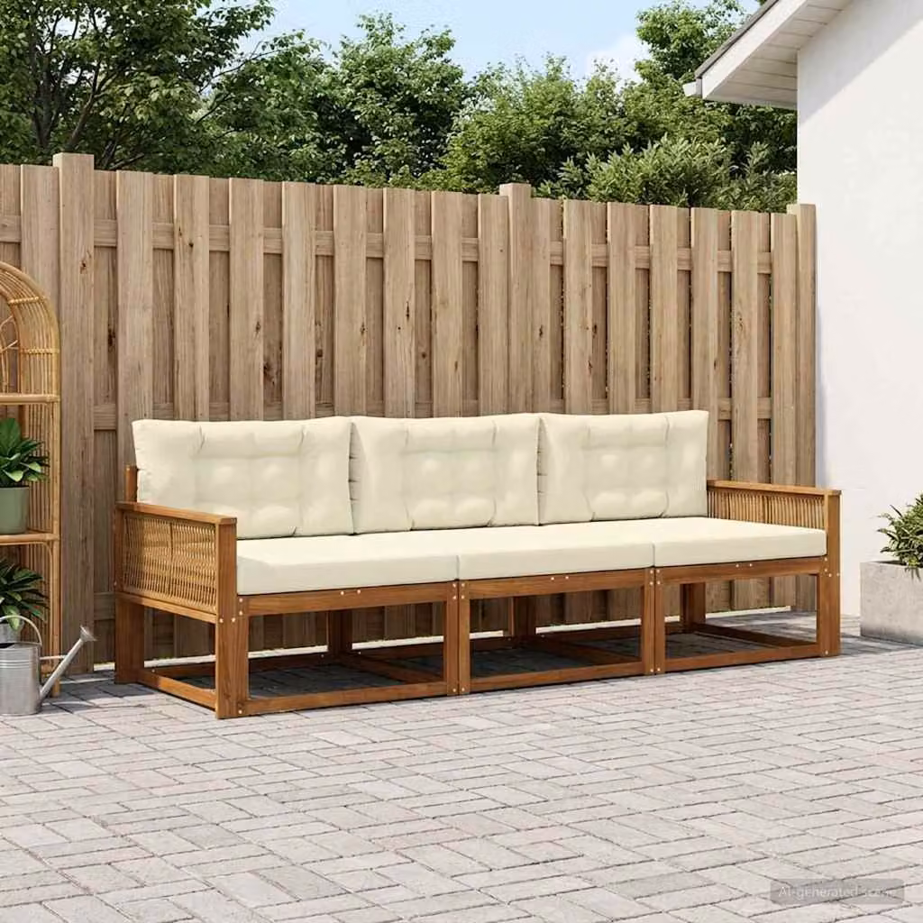 Set di divani da esterno vidaXL in legno di acacia con cuscini, 3 pezzi, Marrone e Beige