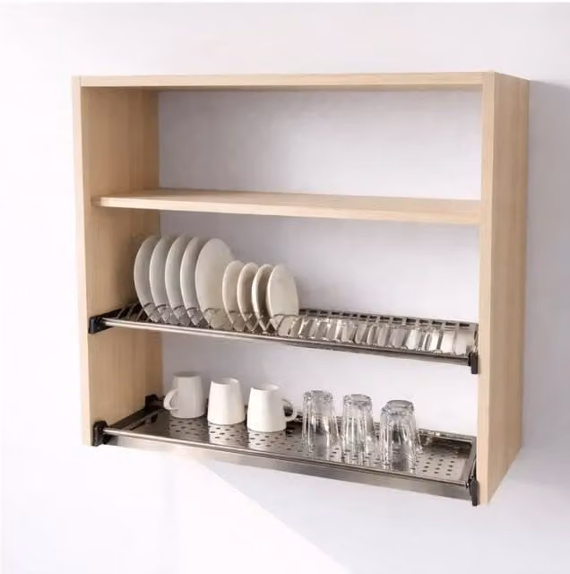 Calandrelli Pensile Scolapiatti Moderno in Rovere con Ripiani Interni e Portabicchieri H 90 x L 90 x P 33 cm