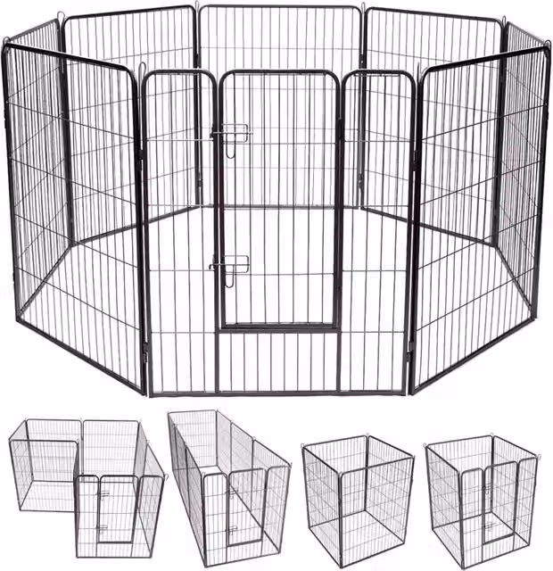 Set di 8 pannelli recinto modulare 100 x 80 cm facile da montare per cani e animali ambiente sicuro in ferro nero 20_0019386