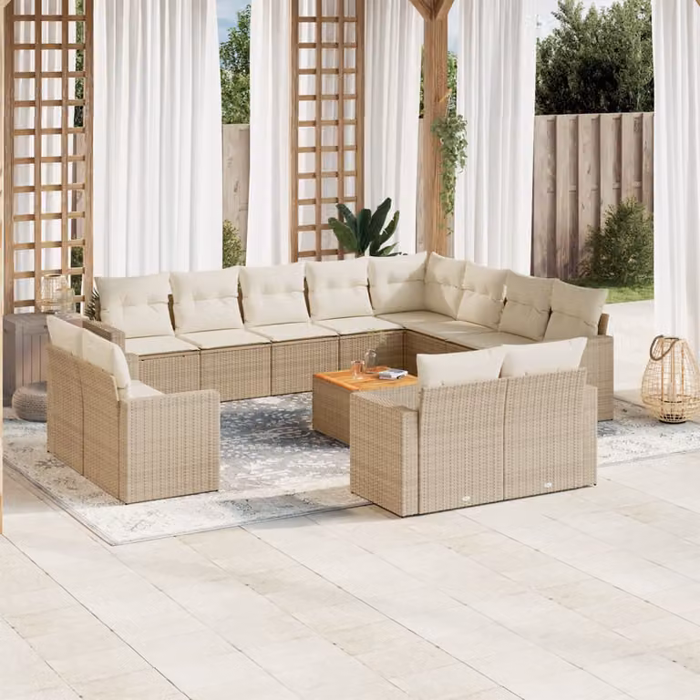 vidaXL Set Divano da Giardino a L in Polyrattan con Cuscini Beige e Tavolino da Esterno 13 pz