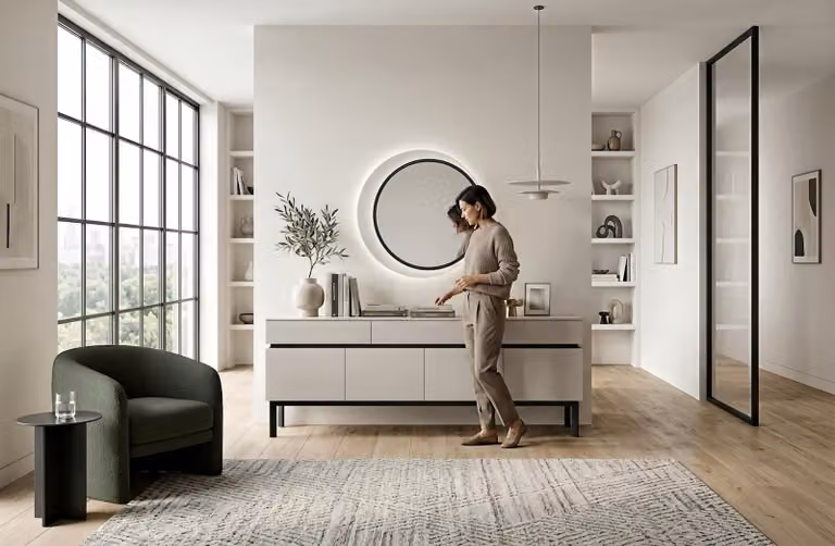 Set contenitore laterale, specchio da parete, design moderno, bianco, elegante, lussuoso, mobiletto