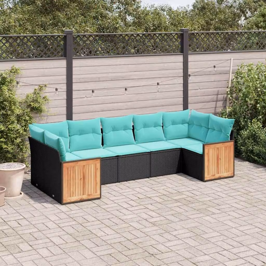 Set di divani da giardino vidaXL in polyrattan nero con 7 pezzi e cuscini inclusi