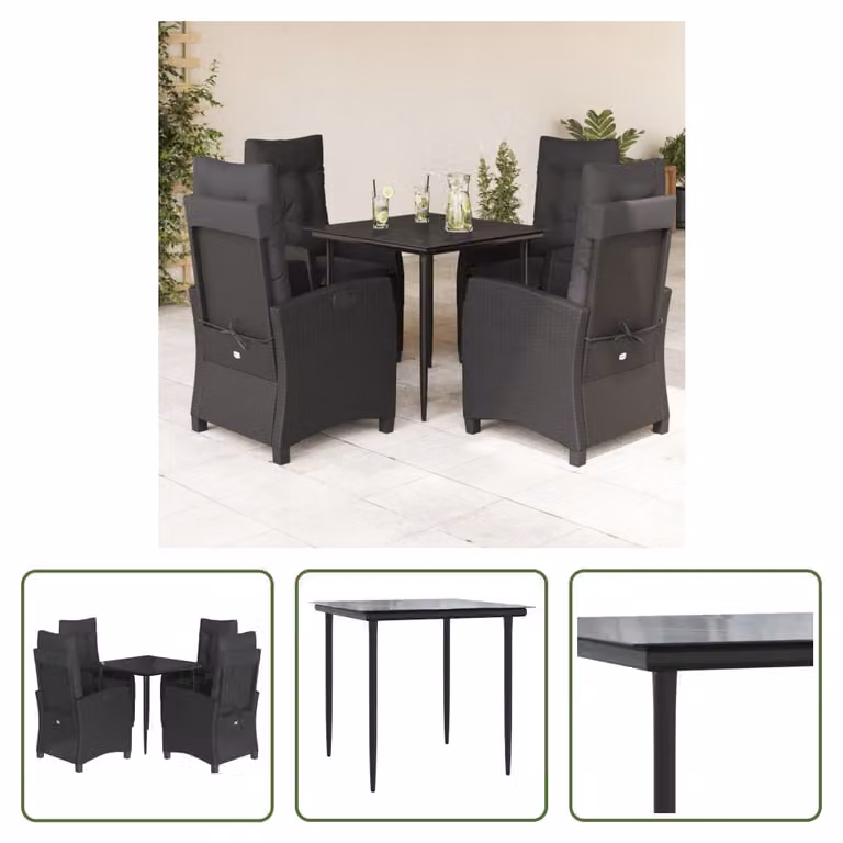 The Living Store Set da pranzo da giardino 5 pezzi con cuscini in poly rattan nero