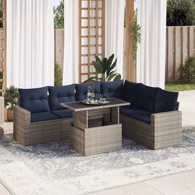 Set Divani da Giardino con Cuscini 7pz Nero Polyrattan Acacia 3326332